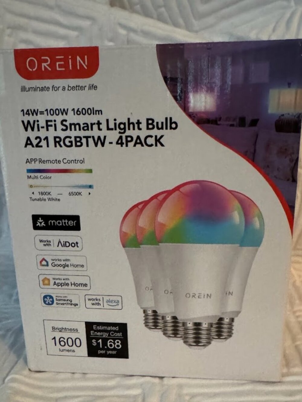 OREIN Matter Smart Light Bulbs 4 Pack A21 Color Changing WiFi 1600 Lumens